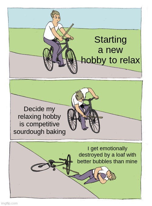 Bike Fall Meme | Starting a new hobby to relax; Decide my relaxing hobby is competitive sourdough baking; I get emotionally destroyed by a loaf with better bubbles than mine | image tagged in memes,bike fall | made w/ Imgflip meme maker