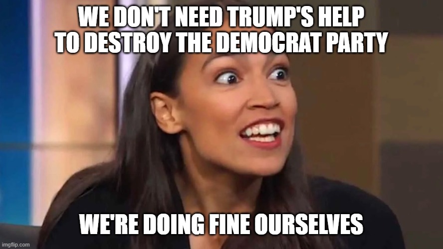 We don't need trump's help to destroy the democrat party we're doing fine ourselves | image tagged in crazy aoc | made w/ Imgflip meme maker