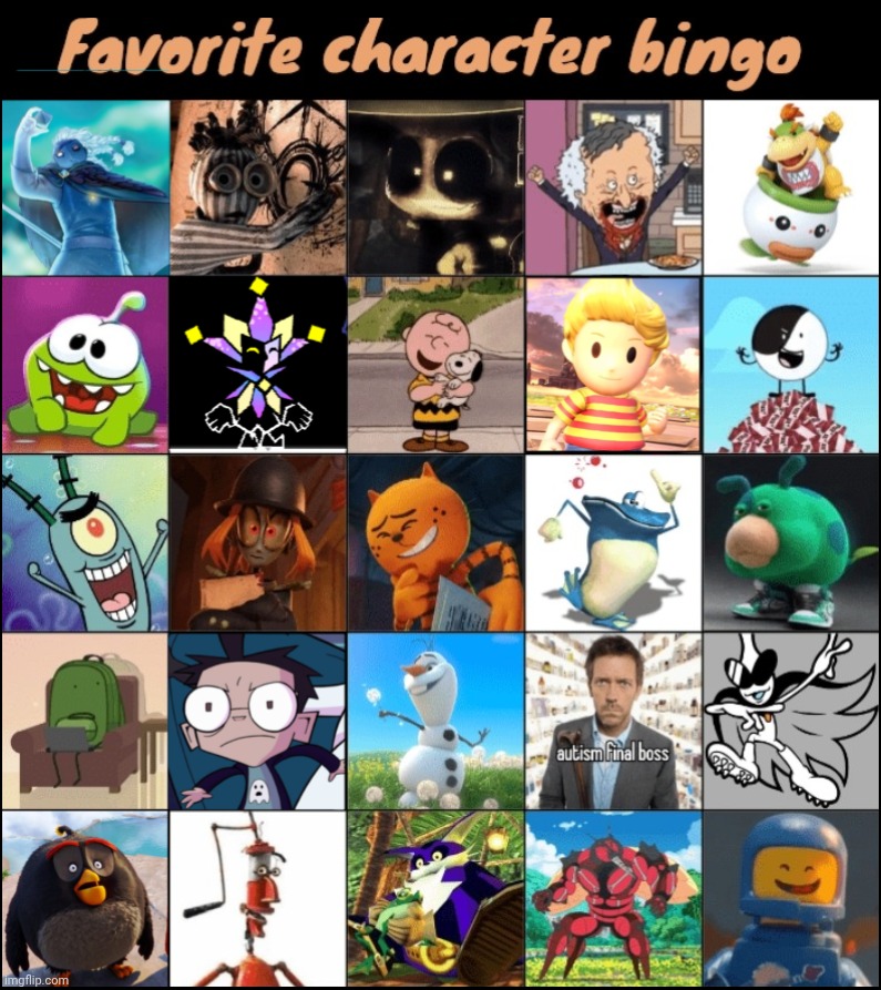 Decided to touch up my favourite character bingo a little bit | image tagged in odd/charly's favourite character bingo | made w/ Imgflip meme maker