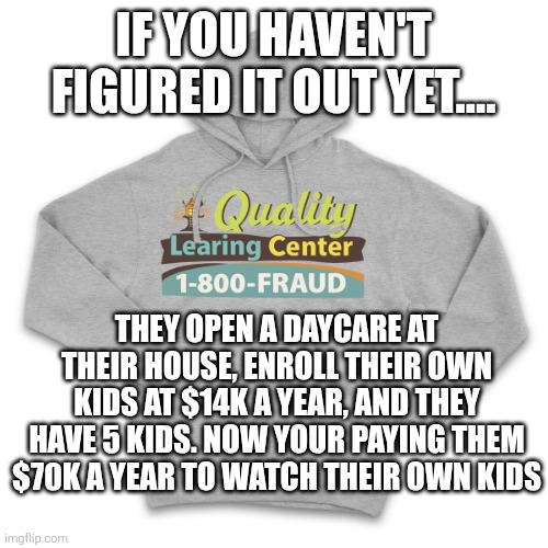 Quality-grey.jpg | If you haven't figured it out yet.... They open a daycare at their house, enroll their own kids at $14k a year, and they have 5 kids. now your paying them $70k a year to watch their own kids | image tagged in quality-grey jpg | made w/ Imgflip meme maker