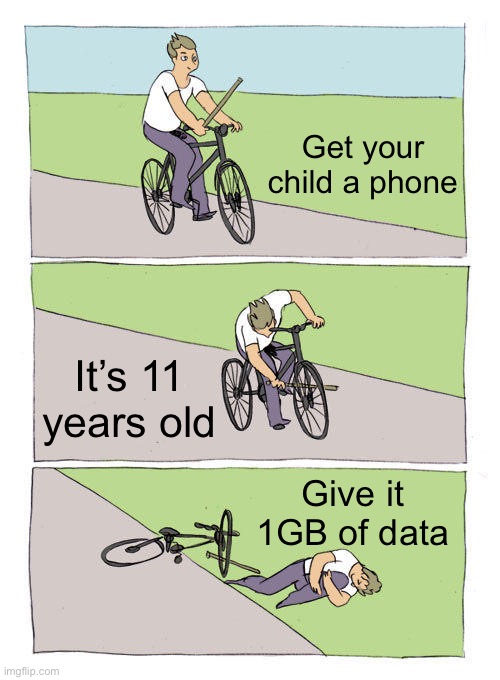 It’s better than nothing I guess | Get your child a phone; It’s 11 years old; Give it 1GB of data | image tagged in memes,bike fall | made w/ Imgflip meme maker