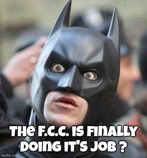 Shocked Batman | The F.C.C. is finally
doing it's job ? | image tagged in shocked batman | made w/ Imgflip meme maker
