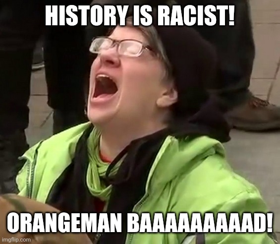 Crying liberal | History is racist! Orangeman baaaaaaaaad! | image tagged in crying liberal | made w/ Imgflip meme maker