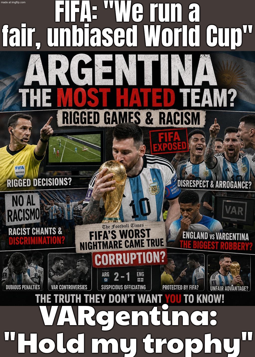 FIFA: "We promise the World Cup is fair and respectful."; Argentina: "Hold my VAR… and my racism allegations." | FIFA: "We run a fair, unbiased World Cup"; VARgentina: "Hold my trophy" | image tagged in fifa,remix,corruption,soccer,argentina,sports | made w/ Imgflip meme maker