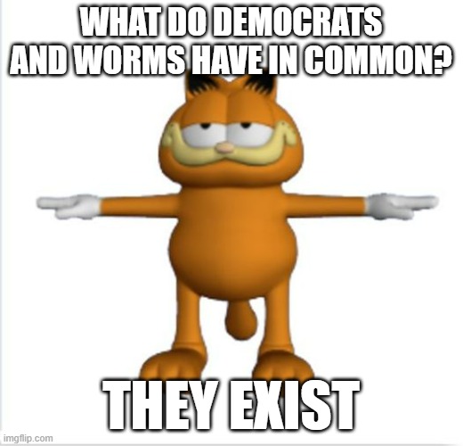 E | what do democrats and worms have in common? they exist | image tagged in garfield t-pose,memes,funny,shitpost | made w/ Imgflip meme maker