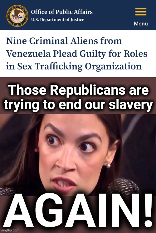 Human trafficking and forced prostitution are the 21st Century slavery.  Democrats are 100% for it. | Those Republicans are
trying to end our slavery; AGAIN! | image tagged in aoc mad,democrats,slavery,human trafficking,illegal immigrants,crime | made w/ Imgflip meme maker