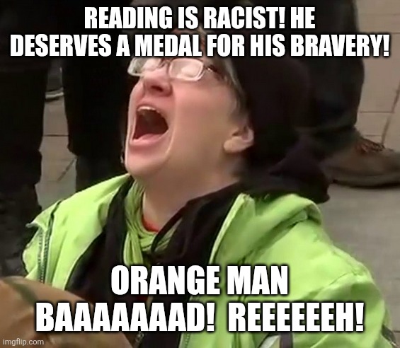 Crying liberal | Reading is racist! He deserves a medal for his bravery! Orange man baaaaaaad!  Reeeeeeh! | image tagged in crying liberal | made w/ Imgflip meme maker
