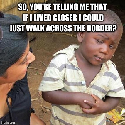 Third World Skeptical Kid | SO, YOU'RE TELLING ME THAT IF I LIVED CLOSER I COULD JUST WALK ACROSS THE BORDER? | image tagged in memes,third world skeptical kid | made w/ Imgflip meme maker
