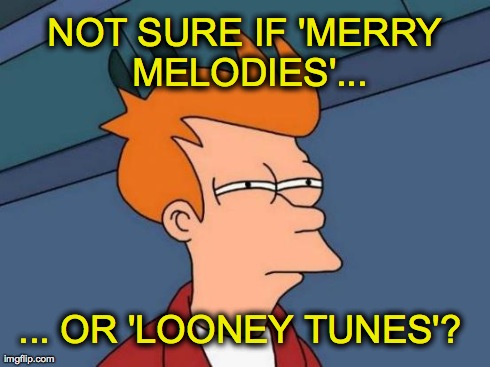 Futurama Fry | NOT SURE IF 'MERRY MELODIES'... ... OR 'LOONEY TUNES'? | image tagged in memes,futurama fry | made w/ Imgflip meme maker