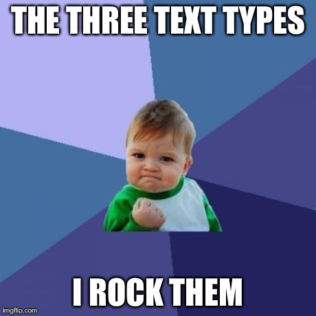 Success Kid Meme | THE THREE TEXT TYPES I ROCK THEM | image tagged in memes,success kid | made w/ Imgflip meme maker
