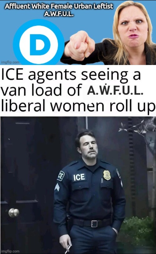 When the AWFUL women roll up | image tagged in awful liberal woman acronym,img 52 jpeg,ice,ben affleck | made w/ Imgflip meme maker