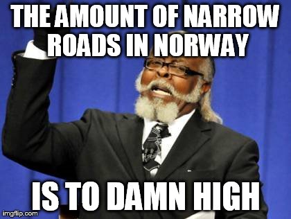 After having bin to Scandinavia this summer.  | THE AMOUNT OF NARROW ROADS IN NORWAY IS TO DAMN HIGH | image tagged in memes,too damn high | made w/ Imgflip meme maker