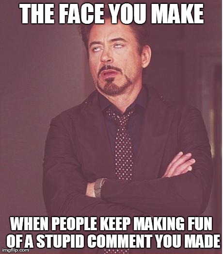 Face You Make Robert Downey Jr Meme | THE FACE YOU MAKE WHEN PEOPLE KEEP MAKING FUN OF A STUPID COMMENT YOU MADE | image tagged in memes,face you make robert downey jr | made w/ Imgflip meme maker