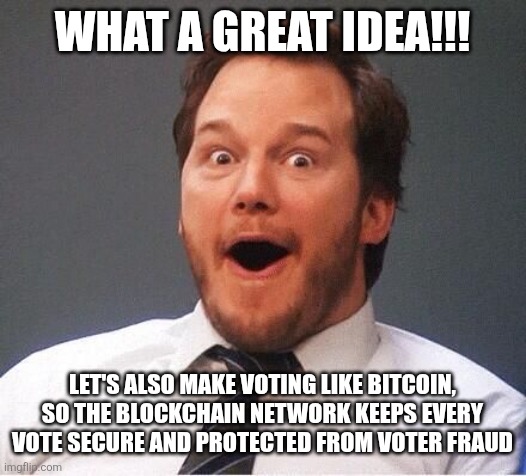 excited | What a great idea!!! Let's also make voting like bitcoin, so the blockchain network keeps every vote secure and protected from voter fraud | image tagged in excited | made w/ Imgflip meme maker