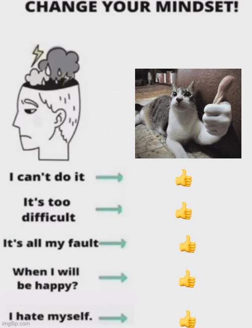 CHANGE YOUR MINDSET! | 👍; 👍; 👍; 👍; 👍 | image tagged in change your mindset | made w/ Imgflip meme maker