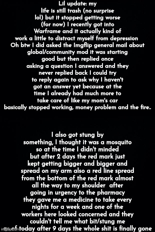 Update about me: yes I'm still on a hiatus. | Lil update: my life is still trash (no surprise lol) but it stopped getting worse (for now) I recently got into Warframe and it actually kind of work a little to distract myself from depression 

Oh btw I did asked the Imgflip general mail about global/community mod it was starting good but then replied once asking a question I answered and they never replied back I could try to reply again to ask why I haven't got an answer yet because at the time I already had much more to take care of like my mom's car basically stopped working, money problem and the fire.. I also got stung by something, I thought it was a mosquito so at the time I didn't minded but after 2 days the red mark just kept getting bigger and bigger and spread on my arm also a red line spread from the bottom of the red mark almost all the way to my shoulder  after going in urgency to the pharmacy they gave me a medicine to take every nights for a week and one of the workers here looked concerned and they couldn't tell me what bit/stung me as of today after 9 days the whole shit is finally gone | image tagged in black background | made w/ Imgflip meme maker