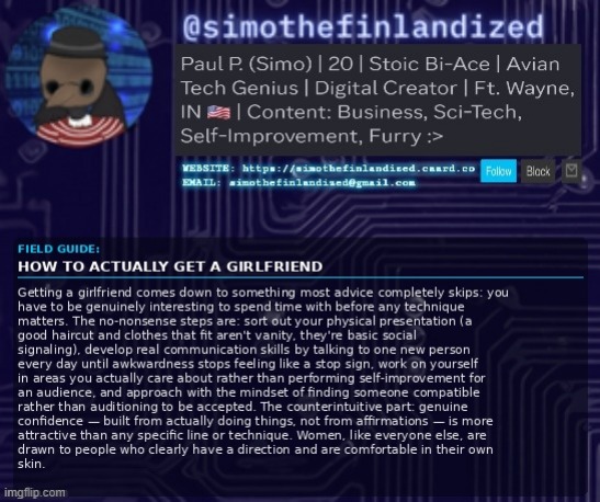 And now, a guide on how to get game (as given by someone who actually has both a boyf and girlf) :> | image tagged in simothefinlandized,getting a girlfriend,announcement,tutorial | made w/ Imgflip meme maker