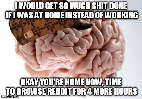 Scumbag Brain Meme | I WOULD GET SO MUCH SHIT DONE IF I WAS AT HOME INSTEAD OF WORKING OKAY YOU'RE HOME NOW, TIME TO BROWSE REDDIT FOR 4 MORE HOURS | image tagged in memes,scumbag brain,AdviceAnimals | made w/ Imgflip meme maker