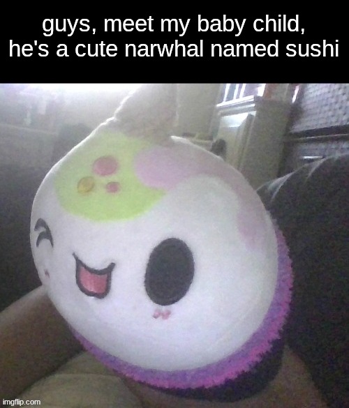 *Sunshine by Lil Flip starts playing* | guys, meet my baby child, he's a cute narwhal named sushi | image tagged in narwhal,femboy,cute baby,child,plush,kawaii | made w/ Imgflip meme maker