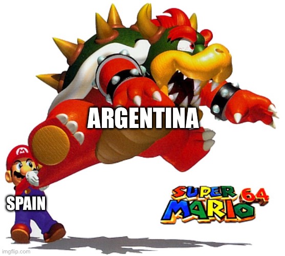 Spain beating Messi, in a nutshell | Argentina; Spain | image tagged in mario swinging bowser,fifa,spain,messi | made w/ Imgflip meme maker