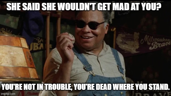 She said she wouldn't get mad at you? You're not in trouble, you're dead where you stand. | made w/ Imgflip meme maker