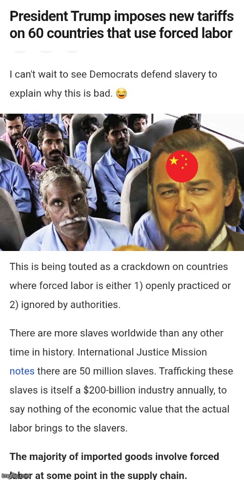 Trump slaps Tariff on slavery | image tagged in screenshot_20260724_222426_chrome jpg,tariffs,slavery,force,labor | made w/ Imgflip meme maker