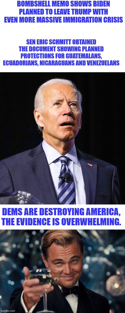 3rd World socialist shi* house | Bombshell memo shows Biden planned to leave Trump with even more massive immigration crisis; Sen Eric Schmitt obtained the document showing planned protections for Guatemalans, Ecuadorians, Nicaraguans and Venezuelans; Dems are destroying America, the evidence is overwhelming. | image tagged in joe biden,memes,leonardo dicaprio cheers | made w/ Imgflip meme maker