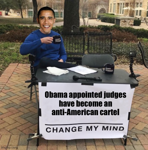 change my mind obama | Obama appointed judges 
have become an 
anti-American cartel | image tagged in change my mind obama | made w/ Imgflip meme maker