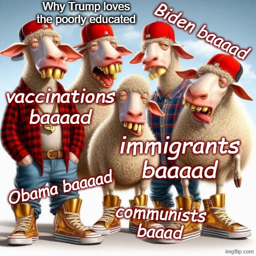 Why Trump loves the poorly educated | Why Trump loves the poorly educated; Biden baaaad; vaccinations baaaad; immigrants baaaad; Obama baaaad; communists baaad | image tagged in republican,maga,education,america,freedom,constitution | made w/ Imgflip meme maker