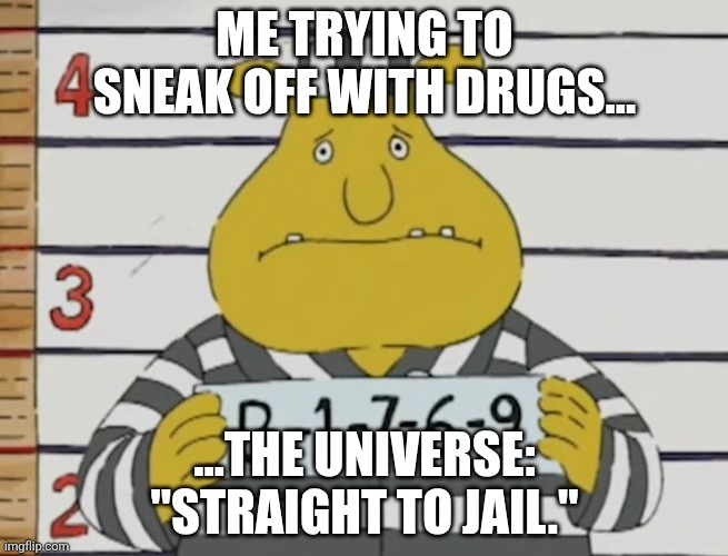 Feels like the universe sometimes does it's Job well | Me trying to sneak off with drugs…; …the universe: "Straight to jail." | image tagged in yellow jail dog | made w/ Imgflip meme maker