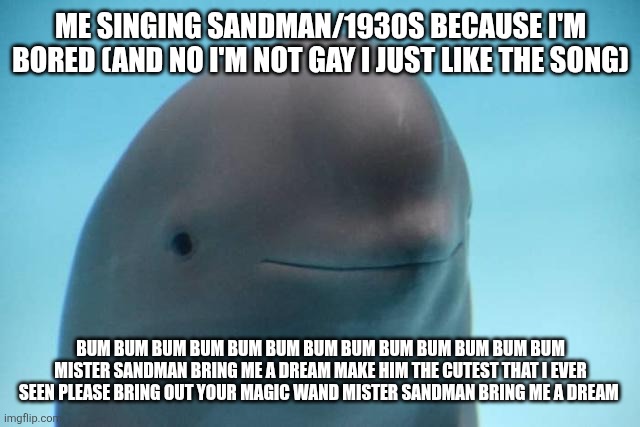 smiling dolphin | Me singing sandman/1930s because I'm bored (and no I'm not gay I just like the song); Bum Bum Bum Bum Bum Bum Bum Bum Bum Bum Bum Bum Bum mister sandman bring me a dream make him the cutest that I ever seen please bring out your magic wand mister sandman bring me a dream | image tagged in smiling dolphin | made w/ Imgflip meme maker