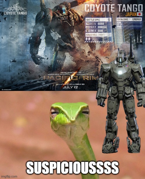 Hmmmm | Suspicioussss | image tagged in suspicious snek,pacific rim,iron man,kaiju,warner bros,marvel | made w/ Imgflip meme maker