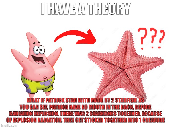 I GOT A THEORY GUYS | I HAVE A THEORY; WHAT IF PATRICK STAR WITH MADE BY 2 STARFISH, AS YOU CAN SEE, PATRICK HAVE NO MOUTH IN THE BACK, BEFORE RADIATION EXPLOSION, THERE WAS 2 STARFISHES TOGETHER, BECAUSE OF EXPLOSION RADIATION, THEY GET STICKED TOGETHER INTO 1 CREATURE | image tagged in lol so funny,relatable,guys i have a theory,theory | made w/ Imgflip meme maker