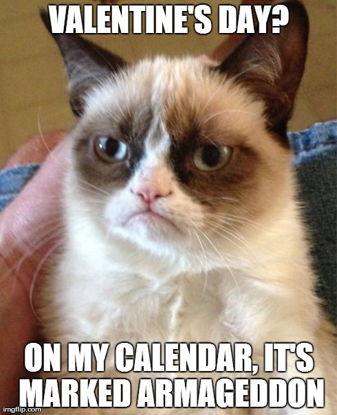 Grumpy Cat Meme | VALENTINE'S DAY? ON MY CALENDAR, IT'S MARKED ARMAGEDDON | image tagged in memes,grumpy cat | made w/ Imgflip meme maker
