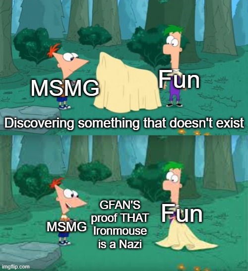 Who agrees with me that there is no proof at all | Fun; MSMG; Discovering something that doesn't exist; GFAN'S proof THAT Ironmouse is a Nazi; Fun; MSMG | image tagged in discovering something that doesn't exist | made w/ Imgflip meme maker