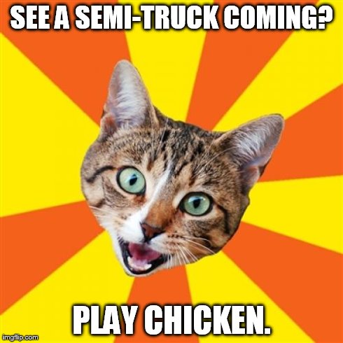Bad Advice Cat | SEE A SEMI-TRUCK COMING? PLAY CHICKEN. | image tagged in memes,bad advice cat | made w/ Imgflip meme maker