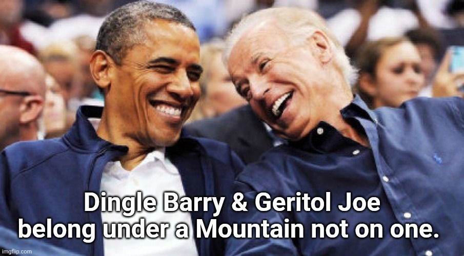 Dingle Barry & Geritol Joe belong under a Mountain not on one. | image tagged in obama and biden laughing | made w/ Imgflip meme maker