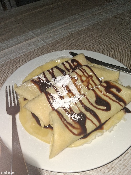 Never eat chocolate syrup on crepes stuffed with grape jelly it upset my stomach so badly oh god it looks good but its a trap | made w/ Imgflip meme maker