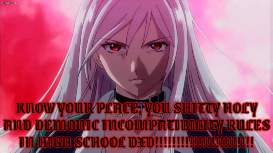 Rosario + Vampire meme 22. Incomplete title | know your place, you shitty holy and demonic incompatibility rules in high school dxd!!!!!!!!!!!!!!!!!!!!!!! | image tagged in rosario vampire,highschool dxd,anime,badass,serious,based | made w/ Imgflip meme maker