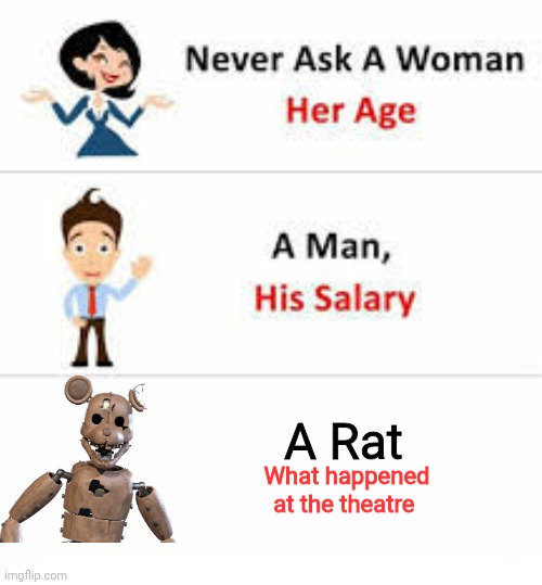 Never ask a woman her age | A Rat; What happened at the theatre | image tagged in never ask a woman her age | made w/ Imgflip meme maker
