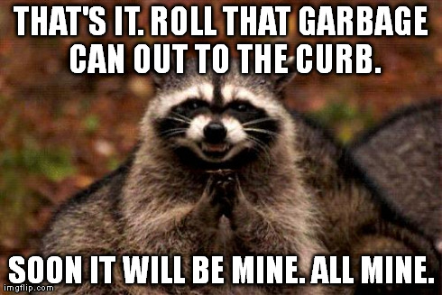 Evil Plotting Raccoon | THAT'S IT. ROLL THAT GARBAGE CAN OUT TO THE CURB. SOON IT WILL BE MINE. ALL MINE. | image tagged in memes,evil plotting raccoon | made w/ Imgflip meme maker
