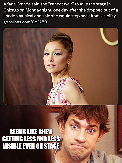Seems like she's getting less and less visible even on stage | image tagged in awkward office,funny,celebrity,ariana grande | made w/ Imgflip meme maker