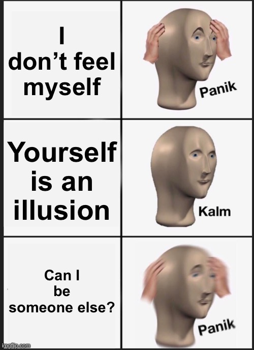 Panik Kalm Panik Meme | I don’t feel myself; Yourself is an illusion; Can I be someone else? | image tagged in memes,panik kalm panik | made w/ Imgflip meme maker