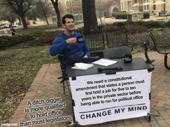 Get rid of the Parasite Class within the State and Federal Legislative Branch. | We need a constitutional amendment that states a person must first hold a job for five to ten years in the private sector before being able to run for political office; A ditch digger is more qualified to hold office than most legislators. | image tagged in memes,change my mind,parasite class,meme,poliitcal meme | made w/ Imgflip meme maker