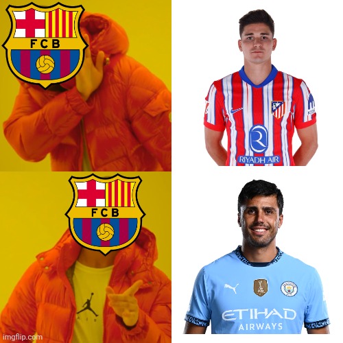 BARÇA TO HIJACK RODRI FROM REAL MADRID? | image tagged in memes,drake hotline bling,barcelona,rodri,transfers,sports | made w/ Imgflip meme maker