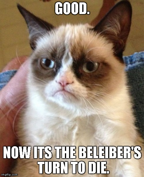 Grumpy Cat Meme | GOOD. NOW ITS THE BELEIBER'S TURN TO DIE. | image tagged in memes,grumpy cat | made w/ Imgflip meme maker
