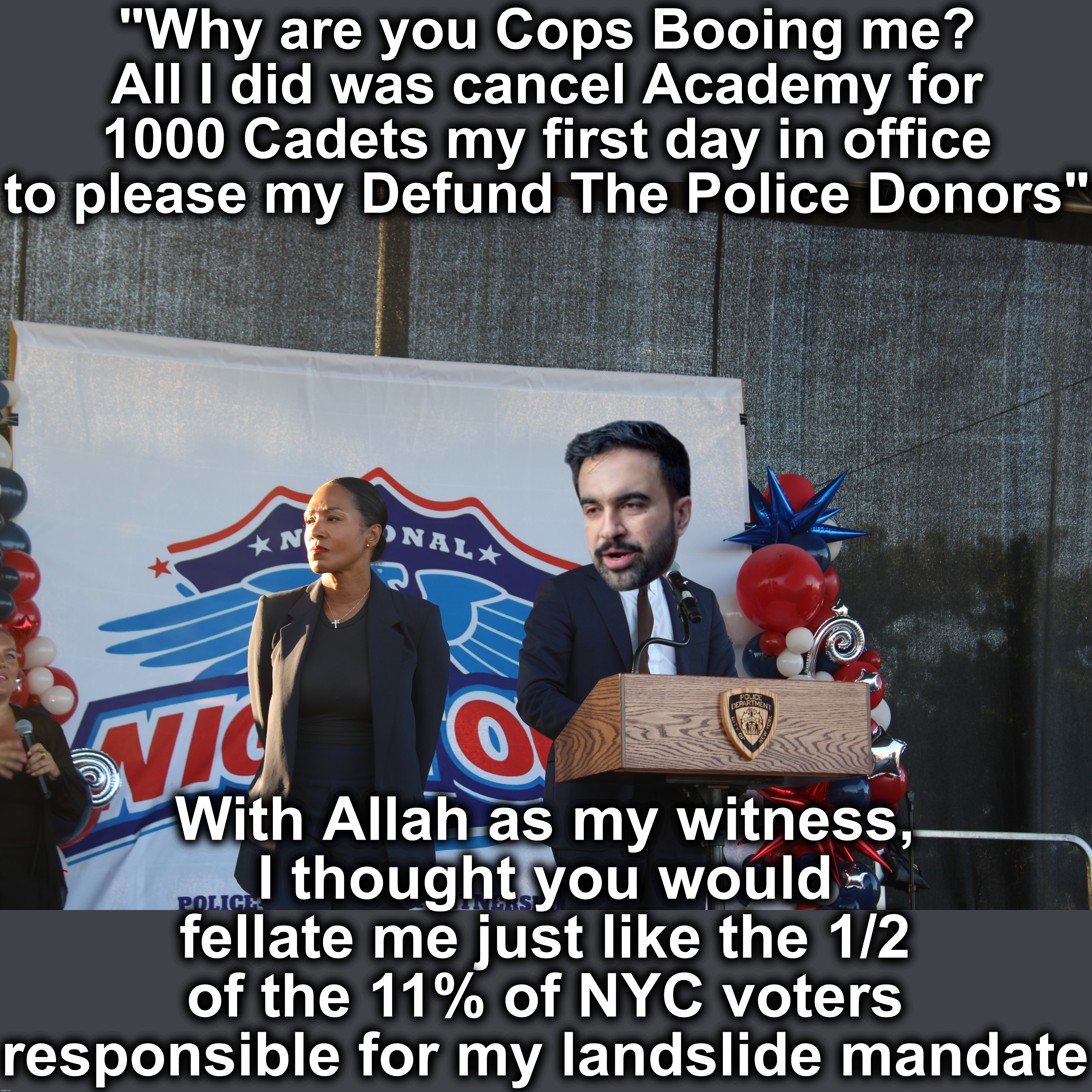 Highest % of Italians of all the Burroughs Greet Guy who flipped off Columbus | "Why are you Cops Booing me? All I did was cancel Academy for 1000 Cadets my first day in office to please my Defund The Police Donors"; With Allah as my witness, I thought you would fellate me just like the 1/2 of the 11% of NYC voters responsible for my landslide mandate | image tagged in mamdani booed off stage meme | made w/ Imgflip meme maker