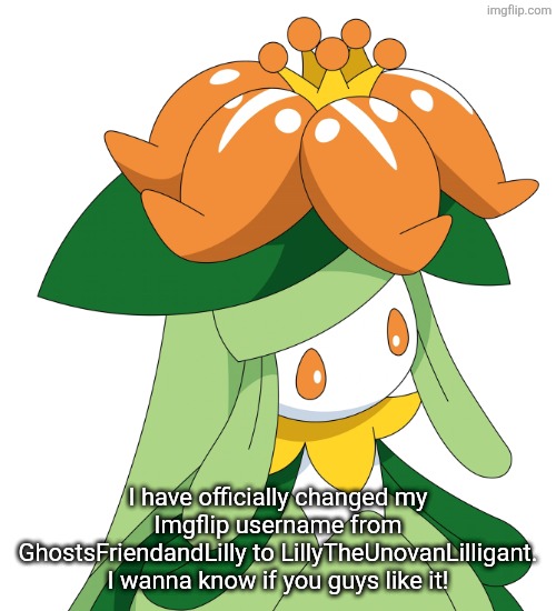 Personally, I like my new username | I have officially changed my Imgflip username from GhostsFriendandLilly to LillyTheUnovanLilligant. I wanna know if you guys like it! | image tagged in lilly looking that way,lilly,pokemon | made w/ Imgflip meme maker