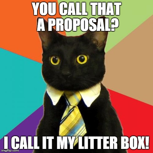 Mr. Whiskers plays hardball . . . | YOU CALL THAT A PROPOSAL? I CALL IT MY LITTER BOX! | image tagged in memes,business cat | made w/ Imgflip meme maker