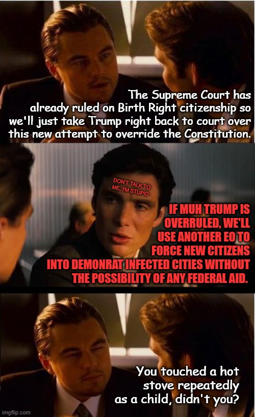 "It's weird how MAGA calls everyone else stupid but posts stuff like this" *OR* "Only slightly remix-altered from the original." | The Supreme Court has
already ruled on Birth Right citizenship so
we'll just take Trump right back to court over this new attempt to override the Constitution. don't talk to
me, I'm stupid; If muh Trump is
overruled, we'll
use another EO to
force new citizens
into demonrat infected cities without
the possibility of any federal aid. You touched a hot stove repeatedly as a child, didn't you? | image tagged in memes,inception,remix | made w/ Imgflip meme maker